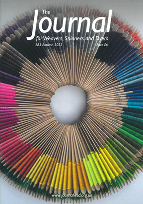 A vibrant collection of yarn spools in concentric circles displays a spectrum of pink, orange, yellow, green, blue, and purple hues. The text reads: "The Journal For Weavers, Spinners and Dyers - UK - Issue 283, Autumn 2022," offering insights into linen handweaving. Price £6.