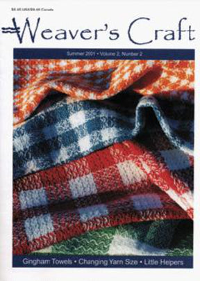 Cover of Weaver's Craft Issue 8: Gingham Kitchen Towels in Four Sizes of Checks by Plain Tabby Press. The image features vibrant woven towels with patterns in red, white, blue, and green gingham. This issue delves into topics such as gingham towels, altering yarn size, and exploring textures in weaving with little helpers.