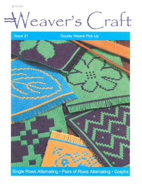 The cover of "Weaver's Craft Issue 21: Double Weave Pick-Up" by Plain Tabby Press features an array of vibrant woven textile samples adorned with geometric and floral patterns in hues of green, purple, orange, and blue. The issue delves into topics such as Double Weave Pick-Up, weaving techniques on a four-shaft loom, and inspiring weaving projects.