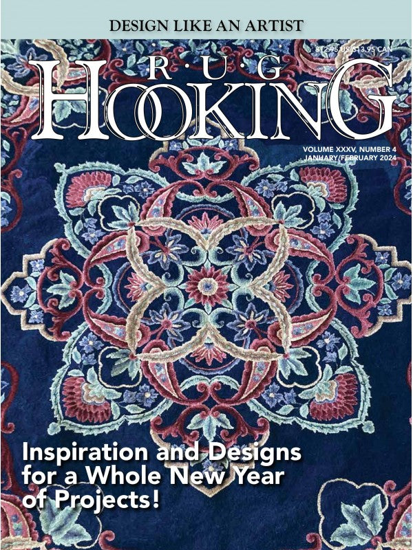 Cover of Rug Hooking Magazine Jan/Feb 2024 from Ampry Publishing featuring an intricate, colorful mandala design on a dark background. Text includes: "Design Like an Artist" and "Inspiration for a Whole New Year of Projects!