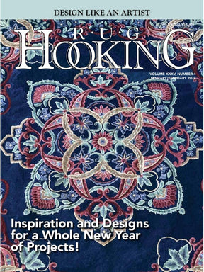 A magazine cover featuring a beautiful, vibrant rug adorned with intricate patterns and floral designs. The title "Rug Hooking Magazine Jan/Feb 2024" by Ampry Publishing radiates inspiration, offering innovative designs for an entire year full of thrilling projects.