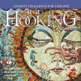 Magazine cover features a woman's face adorned with swirling patterns crafted through rug hooking and punch needle techniques. The title "Rug Hooking" spotlights a charity challenge for Ukraine and celebrates 32 readers' choice winners. Available in the March/April/May 2023 issue by Ampry Publishing.