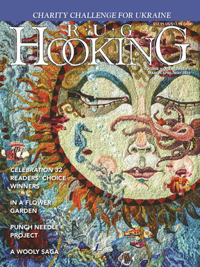 Ampry Publishing's "Rug Hooking Magazine Mar/Apr/May 2023" showcases a beautifully crafted hooked rug featuring a serene face adorned with vibrant foliage and flowers. Inside, you'll find highlights like the Charity Challenge for Ukraine, the Celebration 32 Readers' Choice Winners, and captivating Punch Needle Project tutorials.