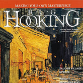 The cover of Rug Hooking Magazine, published by Ampry Publishing, showcases a rug portraying an outdoor café scene at night, evoking the essence of a classic painting. The magazine title and edition information are displayed as follows: Volume XXXV, Number 1, June/July/August 2023. Featured headlines include "Sauder Village Update," "Wright Brothers Rug," "Q & A on Color Planes," and "Heart Connections.