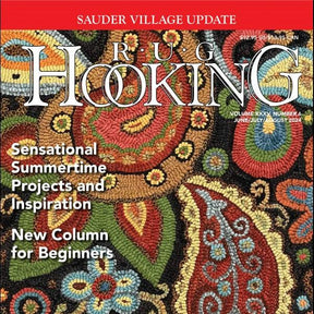 Magazine cover showcasing the title "Rug Hooking" set against a pixelated woolen background in shades of red, green, blue, and yellow. It highlights "Rug Hooking Week: Sensational Summertime Projects and Inspiration" and introduces a new beginner's column. Product Name: Rug Hooking Magazine June/July/August 2024 by Ampry Publishing.