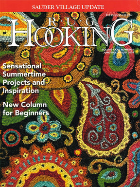 Cover of "Rug Hooking Magazine June/July/August 2024" by Ampry Publishing, Volume XXXV, Number 4. The issue showcases colorful hooked rug designs in vibrant shades inspired by antique and vintage rugs, adorned with the text: "Sensational Summertime Projects and Inspiration" and "New Column for Beginners." Priced at $12.95 US/$13.95 CAN.