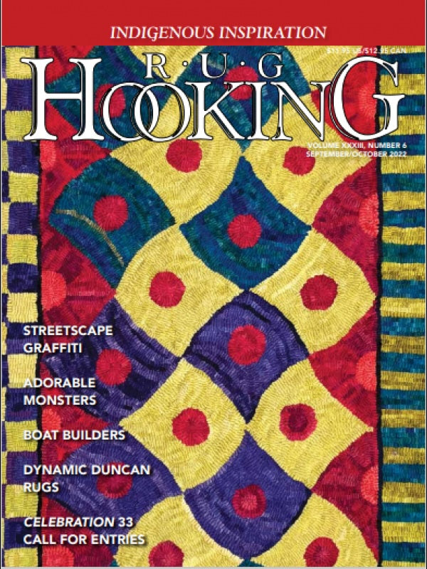 Cover of *Rug Hooking Magazine Sep/Oct 2022* by Ampry Publishing, featuring a vibrant hooked rug with circular patterns in yellow, red, and blue. Notable text highlights include "Streetscape Graffiti," "Adorable Monsters," and the lively appeal of "Dynamic Duncan Rugs.