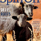 On the cover of Spin Off Winter 2024 by Long Thread Media, two sheep are depicted in a field. The text highlights features on natural fibers, such as Navajo-Churro and Swedish flax, along with articles on Tunisian crochet and wool preparation.