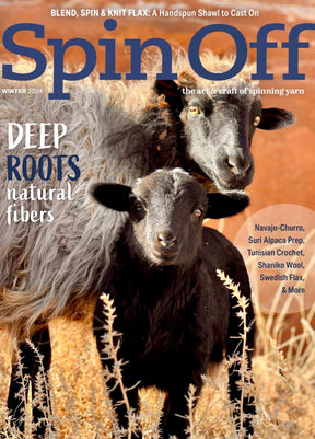 On the cover of Spin Off Winter 2024 by Long Thread Media, two sheep are depicted in a field. The text highlights features on natural fibers, such as Navajo-Churro and Swedish flax, along with articles on Tunisian crochet and wool preparation.