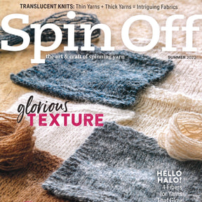 A magazine cover titled "Spin Off, Summer 2022" by Long Thread Media displays close-up images of four knitted swatches, emphasizing their vibrant colors and intricate textures. Highlighting the "glorious texture" with Handspun Yarns and providing insights into different yarn types, it also celebrates the charm of Translucent Knits.