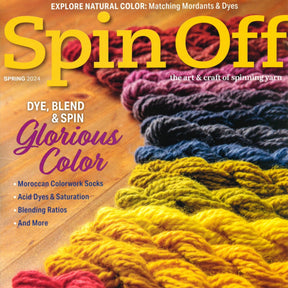 Magazine cover featuring various skeins of yarn in yellow, blue, red, and purple shades against a wooden background. Headings include "Spin Off, Spring 2024" from Long Thread Media, "Dye, Blend & Spin Glorious Natural Color," and articles about dye techniques and Moroccan socks.