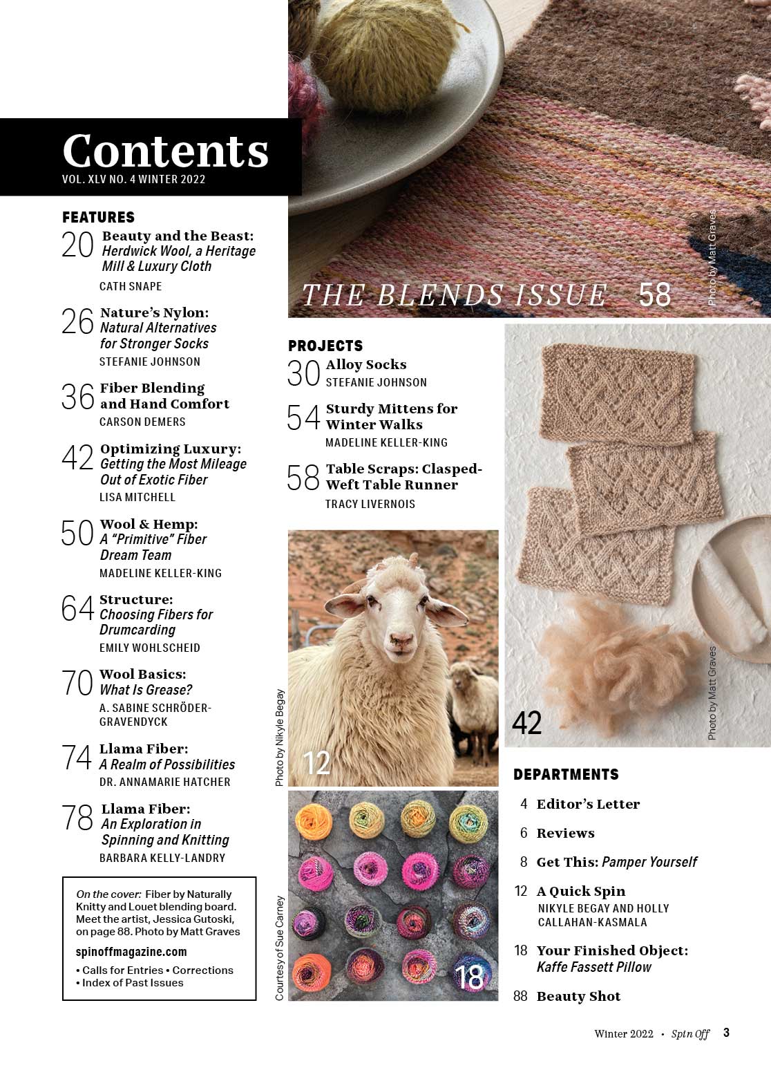 The contents page of Spin Off Winter 2022 by Long Thread Media highlights articles on wool blends, fiber blending, and natural fibers. It is adorned with stunning images of Herdwick sheep and Icelandic wool in neutral tones. The sections featured include features, projects, and departments.