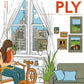 Illustration of a person handspinning yarn using advanced spinning techniques near a window with a cityscape view. The room has framed pictures on the wall, plants, and a chair with a blue cushion. The magazine's title "PLY Magazine: PLY - The Magazine for Handspinners, Issue 41, Summer 2023: Place" is at the top right corner.