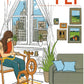 A woman sits in a cozy room, spinning yarn with a spinning wheel. The room features a large window offering a view of city buildings, potted plants, and framed pictures adorning the walls. A striped rug lies on the floor next to a sofa with cushions. The Summer 2023 cover of PLY Magazine showcases Issue 41 titled "Place," exploring various spinning techniques.