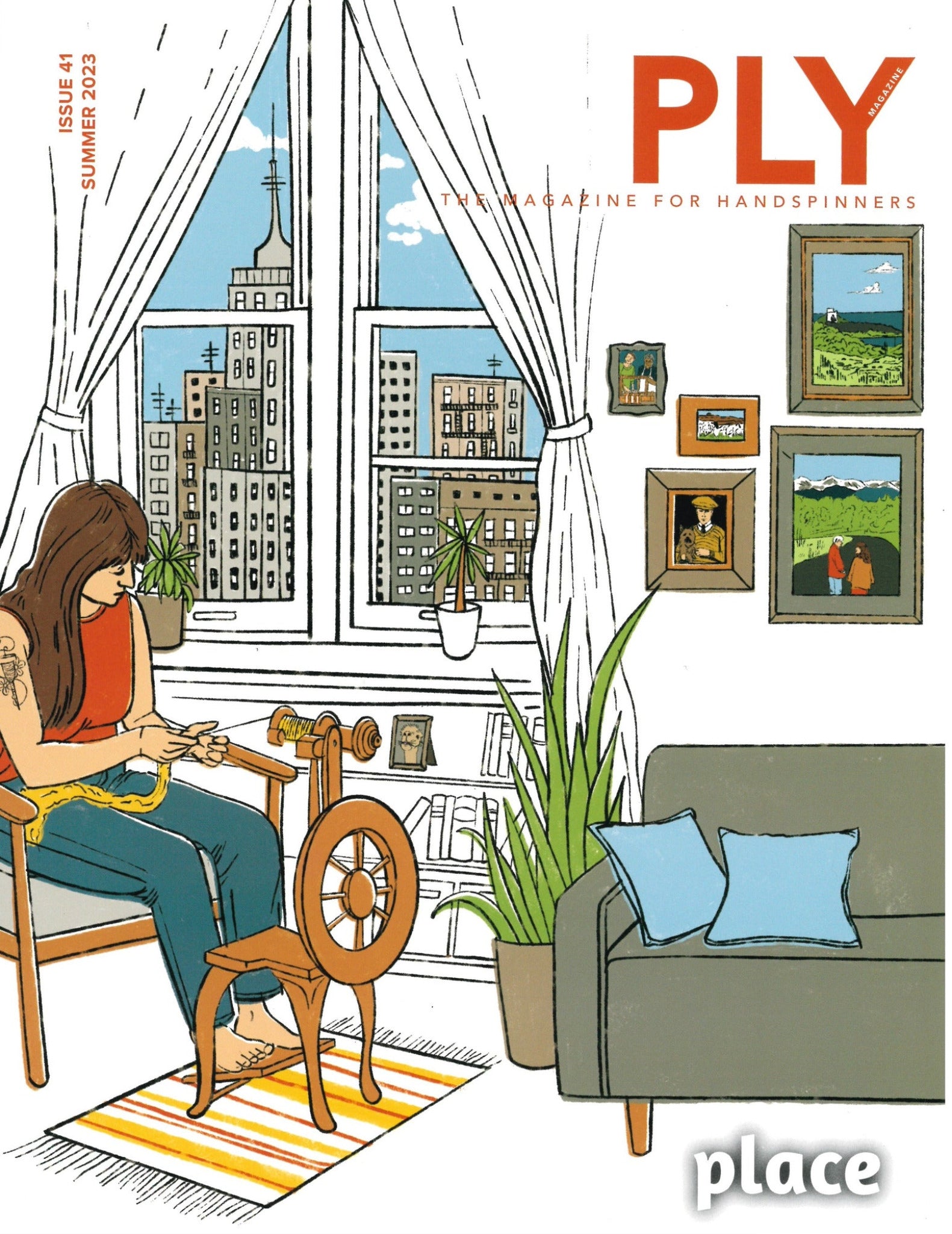 A woman sits in a cozy room, spinning yarn with a spinning wheel. The room features a large window offering a view of city buildings, potted plants, and framed pictures adorning the walls. A striped rug lies on the floor next to a sofa with cushions. The Summer 2023 cover of PLY Magazine showcases Issue 41 titled "Place," exploring various spinning techniques.