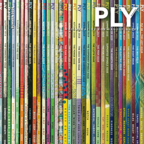 A collection of colorful PLY Magazine issues arranged vertically like a bookshelf. The issues, including the upcoming PLY - The Magazine for Handspinners, Issue 45, Summer 2024: Reference, are organized by themes such as "The Autumn Issue," "The Silk Issue," and "The Color Issue," among others. The words "spinning reference" appear at the bottom right.