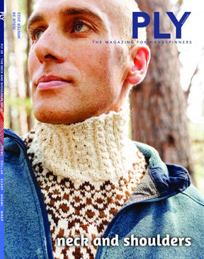 A person dressed in a high-collared, hand-knitted sweater crafted from thick, cozy yarn and a blue jacket is standing outdoors. The magazine cover displays the following text: "PLY Magazine" and "Issue 39, Winter 2022: Neck and Shoulders.