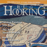 Cover of Rug Hooking Magazine, September/October 2024 issue by Ampry Publishing. Highlights include "Celebration 35 Call for Entries," along with articles on turning paintings into rugs, creating swatches, and spontaneous hooking. Priced at $12.95 US/$13.95 CAN.