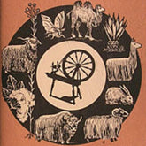 The cover of the "Handspinner's Handbook" from Foxglove Fiberarts Supply showcases a circular illustration with a spinning wheel at the center, surrounded by a butterfly, camel, alpaca, sheep, ram, angora goat, llama, rabbit, musk oxen and various plants. This eye-catching design beautifully represents the sources of fibers and textiles for wheel spinners.