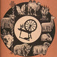 The cover of the "Handspinner's Handbook" from Foxglove Fiberarts Supply showcases a circular illustration with a spinning wheel at the center, surrounded by a butterfly, camel, alpaca, sheep, ram, angora goat, llama, rabbit, musk oxen and various plants. This eye-catching design beautifully represents the sources of fibers and textiles for wheel spinners.