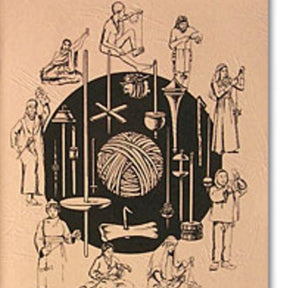 An illustration on a tan background features various figures from history performing fiber arts activities like spinning, weaving, and knitting. Surrounding them are tools such as Foxglove Fiberarts Supply's Handspindles and yarn, symbolizing the evolution of these crafts over time.