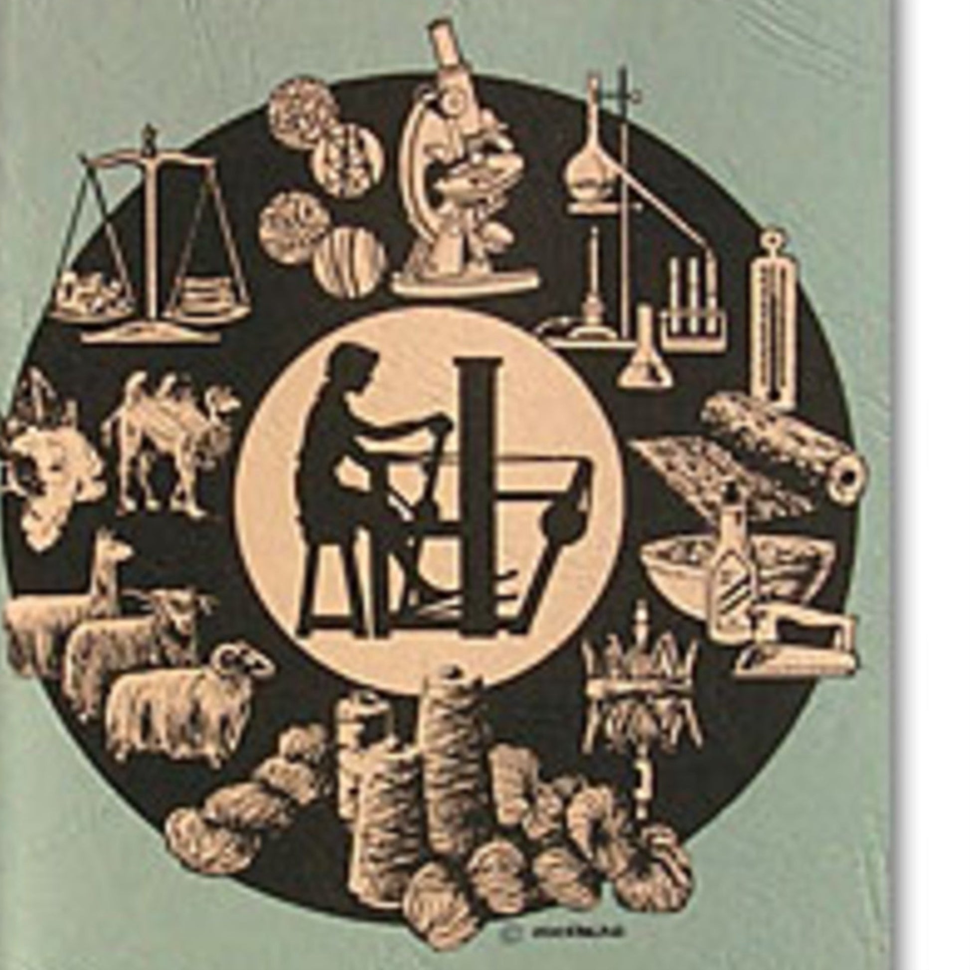 A circular illustration depicting a fiber artist at the center, working with a spinning wheel, is surrounded by scientific symbols like microscopes, scales, beakers, and lab equipment. Elements related to textiles include sheep, dyed yarn, and woven cloth. This imagery perfectly represents the essence of the "Fibre Facts" product by Foxglove Fiberarts Supply.