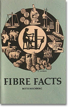 Cover of "Fibre Facts" by Foxglove Fiberarts Supply. The illustration features various fiber-related images, including sheep, spinning wheels, a fiber artist at work, and scales, all arranged in a circular pattern. The background is green, and the text is in black.