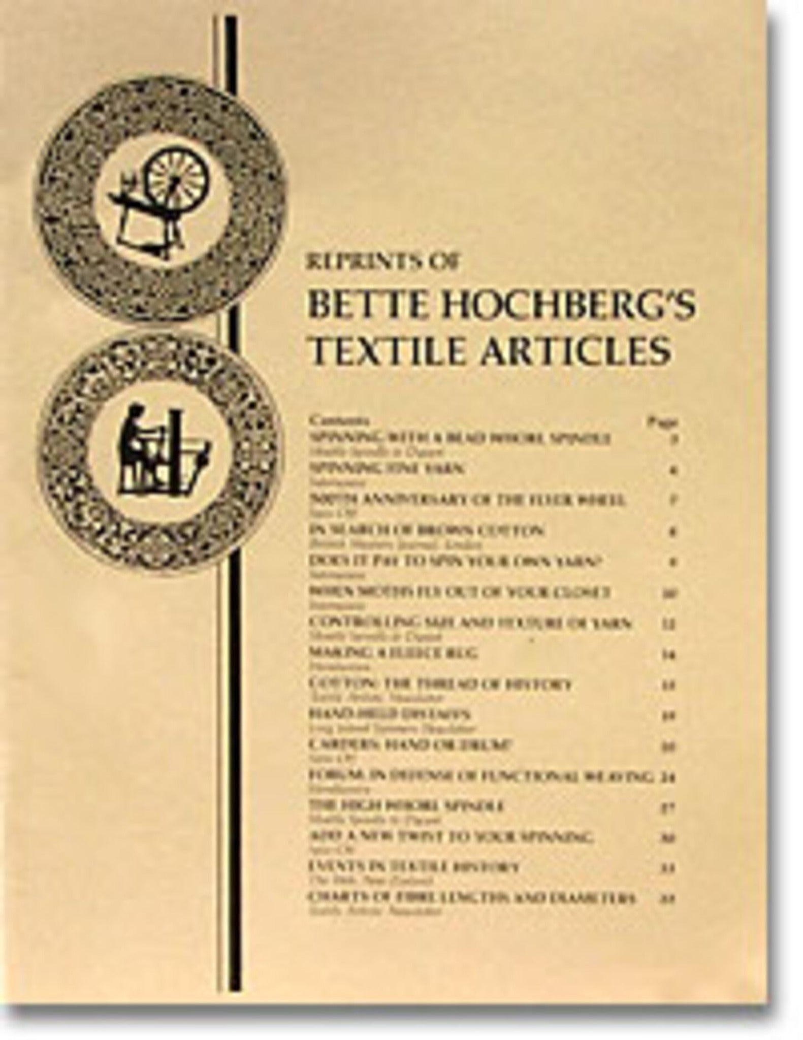 The cover page of a document titled "Bette Hochberg’s Textile Articles" by Foxglove Fiberarts Supply features an index listing various articles with corresponding page numbers. The cover also includes illustrations of a spinning wheel and a person weaving handwoven textiles, flanking the title text on either side.