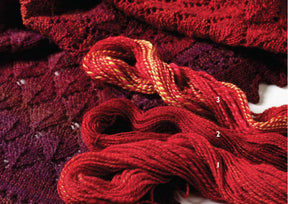 A close-up image showcasing three variations of red and purple yarn, labeled 1, 2, and 3, lying atop a beautifully patterned knitted fabric. The yarns exhibit diverse textures and shades, ranging from vivid red to rich burgundy. This visual is featured in the Spin-Off Presents: "7 Handspun Shawls to Knit, Crochet, and Weave" eBook printed copy by Long Thread Media.