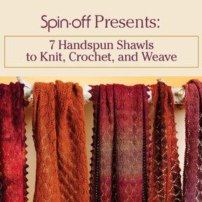 A display of six handspun shawls in shades of orange and red hanging on a rod. Text above reads "Long Thread Media Presents: Spin-Off's 7 Handspun Shawls to Knit, Crochet, and Weave - eBook Printed Copy".