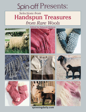 Cover of "Spin Off Presents: Selections from Handspun - Treasures from Rare Wools - eBook Printed Copy" by Long Thread Media. It features a collage with images of sheep, wool yarn, knitted items, and a spinning wheel. Each square highlights different wool products or sheep breeds.