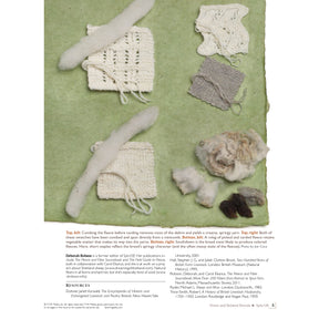 An assortment of knitted swatches and raw wool samples are displayed on a green background, illustrating various stages of wool processing from raw fleece to completed knitted pieces. This showcases the transformation of wool into yarn and fabric and is featured in "Spin Off Presents: Down and Related Breeds - eBook Printed Copy" by Long Thread Media.