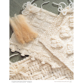 A close-up of cream-colored knitted fabric showcasing intricate textures and patterns, such as bobbles and lace, with a small bundle of light brown wool resting on top. The background features a green textured surface. This image is an exquisite representation from "Spin Off Presents: Down and Related Breeds - eBook Printed Copy" by Long Thread Media.