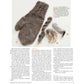 An image featured in the "Spin Off Presents: Lovely Longwools - eBook Printed Copy" by Long Thread Media shows a brown knitted mitten with a textured cuff, set against a white background. It is accompanied by various fleece and yarn samples in both spun and unspun forms. Below these items, there is detailed text explaining the knitting process.