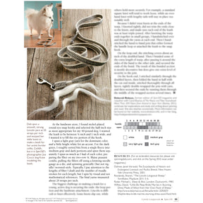 A page in the magazine features a DIY dog leash project. The top left image shows a white dog on a leash. Below it, there's a close-up of a gray and white crocheted leash made from plarn (plastic yarn). The text describes the process, provides a pattern, and offers resources for making your own using "Spin Off Presents: Lovely Longwools - eBook Printed Copy" by Long Thread Media.