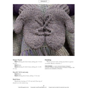 A close-up of hands wearing gray knitted mittens with cables, displayed against a blurred background. The text below includes knitting instructions and project details from the eBook printed copy "Delightful Mittens to Spin Year-Round: 8 Knitted Patterns from Spin Off" by Long Thread Media. The mittens showcase intricate stitch designs, highlighting the craftsmanship involved.