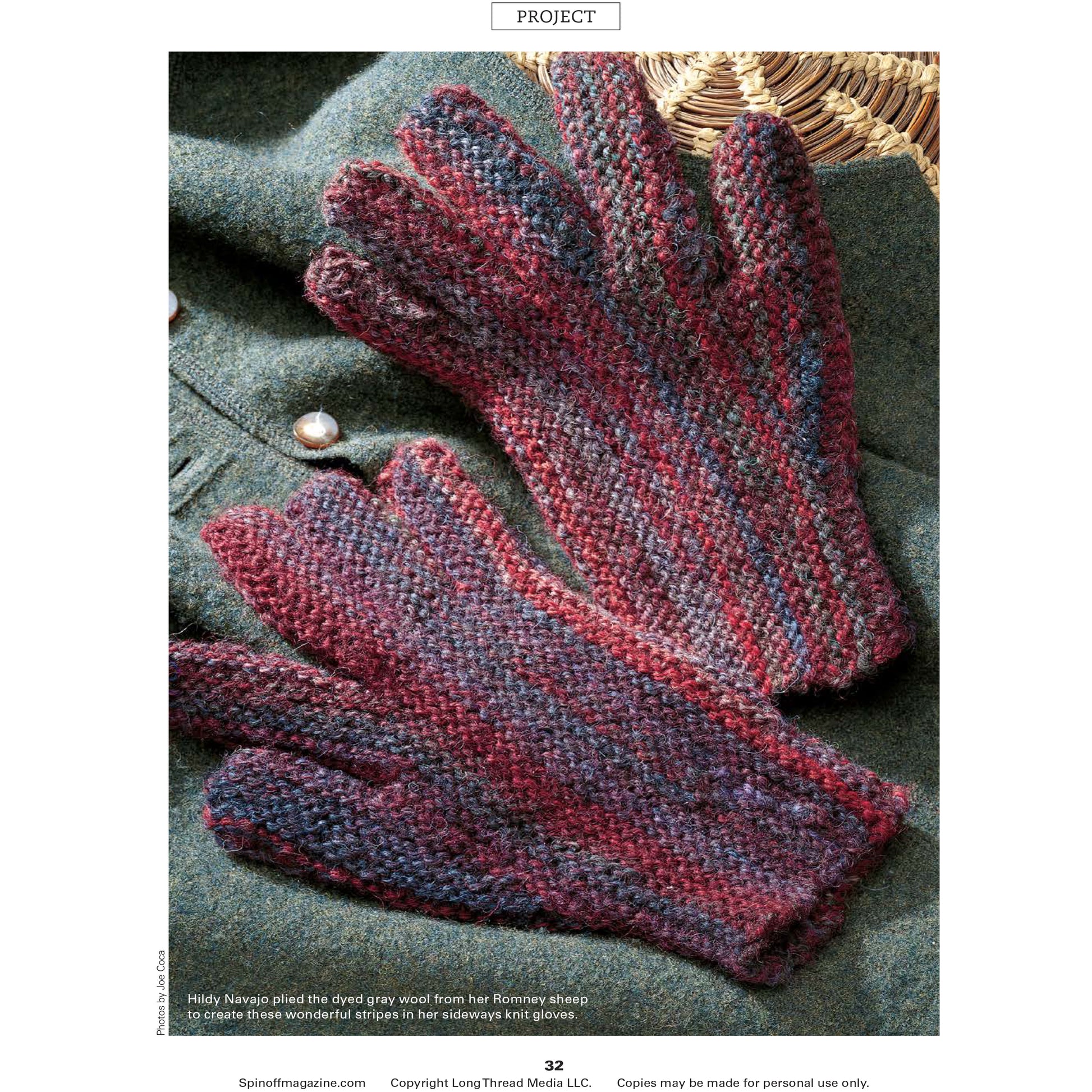 A pair of vibrant, hand-knitted wool mittens from the *Delightful Mittens to Spin Year-Round: 8 Knitted Patterns from Spin Off* eBook by Long Thread Media are elegantly showcased on a green wool coat. The mittens boast a delightful striped pattern incorporating shades of red, gray, and blue. In the background, a basket with a wooden handle is partially visible.