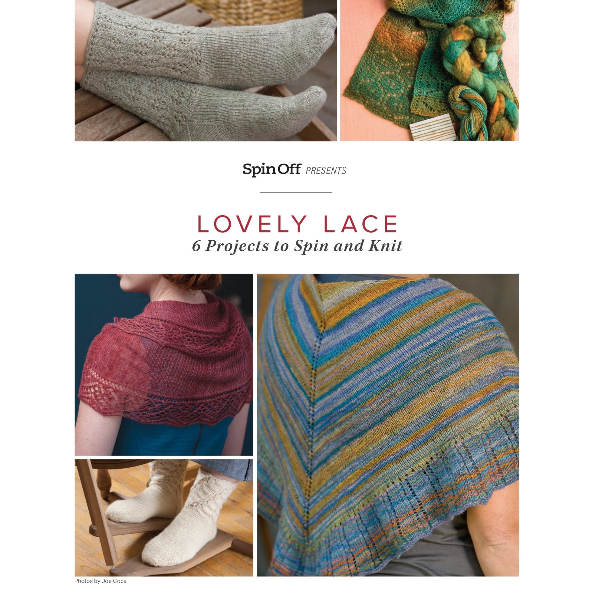 A collage titled "Spin Off Presents: Lovely Lace: 6 Projects to Spin and Knit - eBook Printed Copy" by Long Thread Media features images of knitted lace projects. Clockwise from top left, there are gray socks, a green lace scarf, a multicolored shawl, white socks, and two images of red knitted lace shawls.