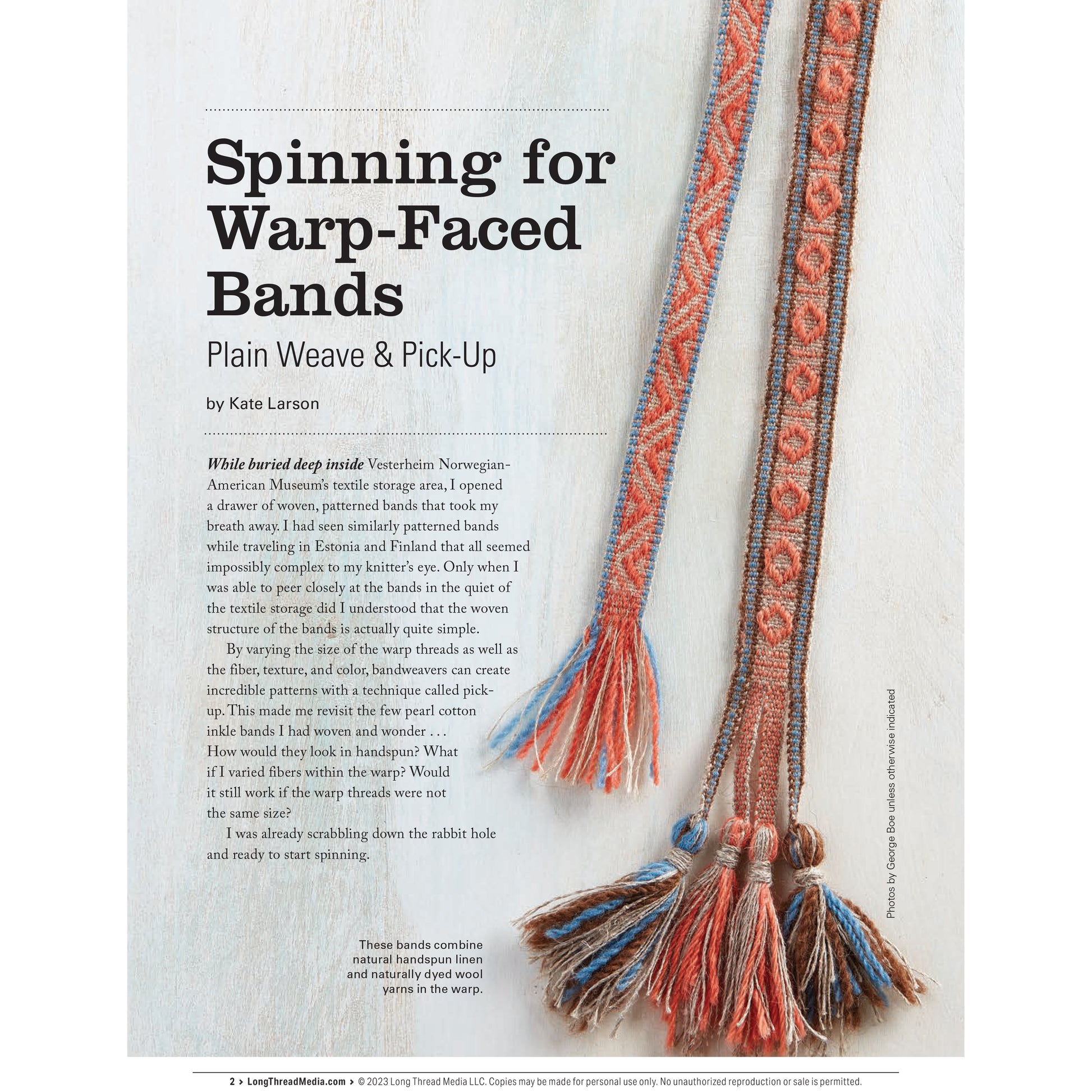 Two patterned woven bands with fringed ends lie on a textured background. One features red, blue, and beige chevrons; the other has red, orange, and beige rectangles. The accompanying text includes a story about learning to weave. The title reads "Spin Off Presents: Bandweaving Using Rigid Heddles and Inkle Looms - eBook Printed Copy" by Long Thread Media.