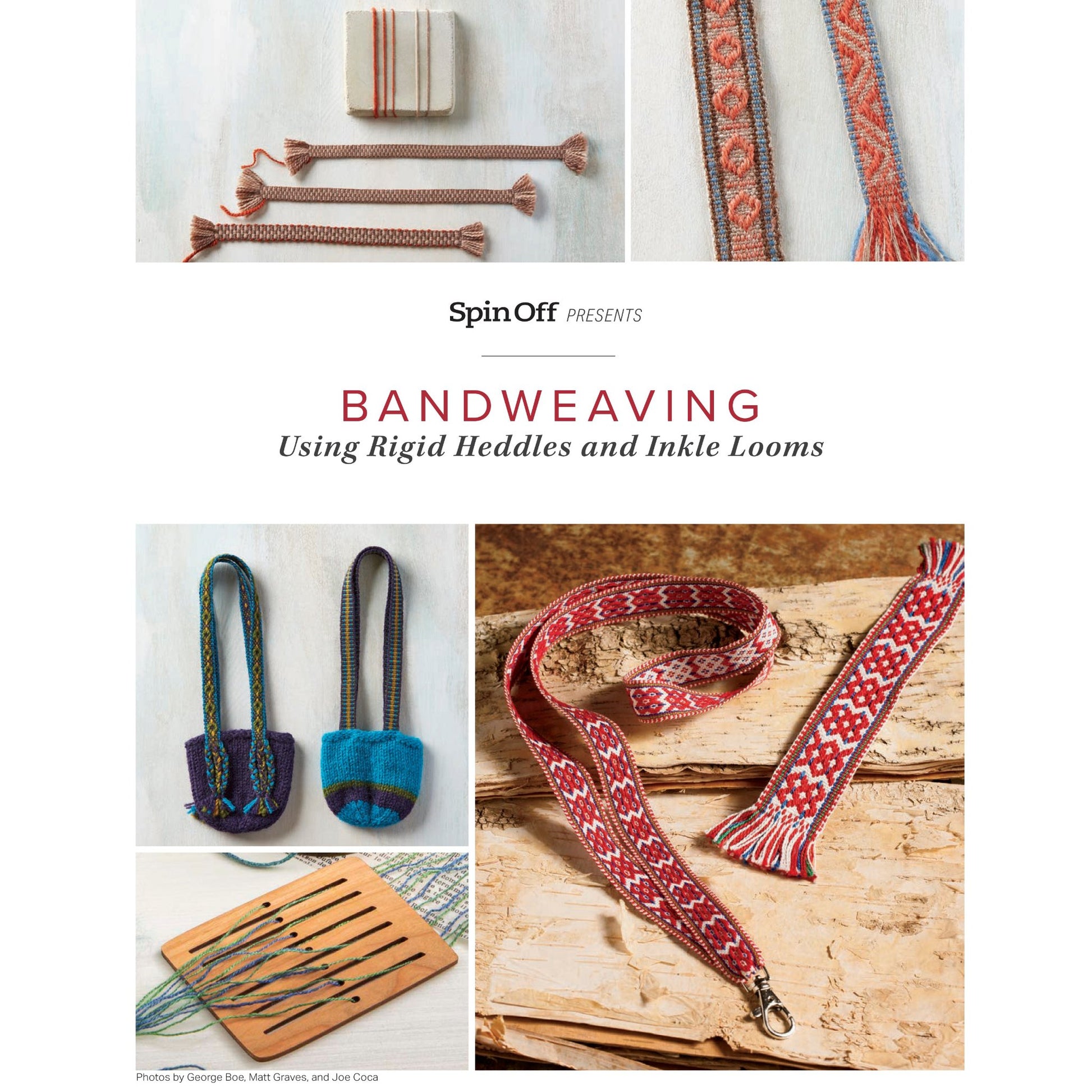 The book cover showcases an array of vibrant woven bands crafted with rigid heddles and inkle looms. The title reads "Spin Off Presents: Bandweaving Using Rigid Heddles and Inkle Looms - eBook Printed Copy" by Long Thread Media. Below the title, there are images depicting woven bands, small pouches, and various tools used in bandweaving.