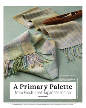 Displayed on a pale green background, woven scarves in muted green, blue, and purple hues with fringed edges are shown alongside a wooden shuttle. The text reads: "Spin Off Presents: Natural Dye Series, Exploring Palettes from Fresh-Leaf Indigo, Madder & Woad" by Long Thread Media.