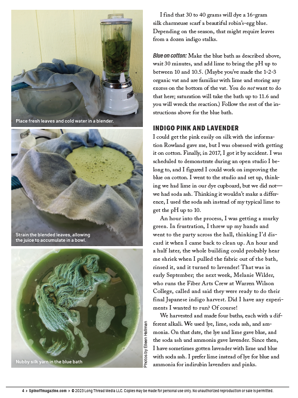 A page from the Spin Off eBook Printed Copy by Long Thread Media provides guidance on dyeing yarn with Japanese Indigo and plants. It includes images of a blender with water and leaves, a pot soaking yarn, and dyed yarn in a container. The text describes the natural dye process and the materials required for this vibrant craft as part of their Spin Off Presents: Natural Dye Series, Exploring Palettes from Fresh-Leaf Indigo, Madder & Woad.