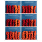 Six images displayed side by side showcasing dyed yarns. The top two rows feature yarns dyed with Ground R. tinctorium roots using both distilled and hard water, presented in five gradations. The bottom row illustrates the results of Madder extract in both distilled and hard tap water, also shown in five gradations. This visual guide is part of the "Spin Off Presents: Natural Dye Series: Exploring Palettes from Fresh-Leaf Indigo, Madder & Woad - Spin Off eBook Printed Copy" by Long Thread Media.
