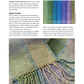 A page from the Spin Off eBook printed copy titled "Spin Off Presents: Natural Dye Series, Exploring Palettes from Fresh-Leaf Indigo, Madder & Woad" by Long Thread Media spotlights an article about indigo dyeing. It features a detailed image of a yarn shawl in shades of blue, green, and gold. The text explores dyeing techniques using Japanese indigo and natural dyes, revealing the rich history behind these colors.