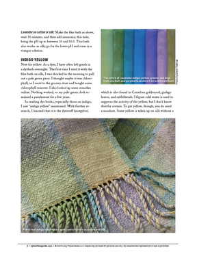 A page from the Spin Off eBook printed copy titled "Spin Off Presents: Natural Dye Series, Exploring Palettes from Fresh-Leaf Indigo, Madder & Woad" by Long Thread Media spotlights an article about indigo dyeing. It features a detailed image of a yarn shawl in shades of blue, green, and gold. The text explores dyeing techniques using Japanese indigo and natural dyes, revealing the rich history behind these colors.