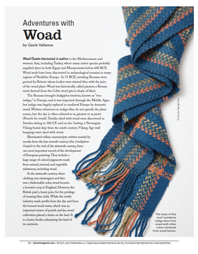 An up-close view of a scarf featuring blue and orange patterns, crafted from Japanese indigo-dyed yarn, is displayed on a white background beside the article titled "Adventures with Woad" by Gayle Vallance. This scene beautifully complements the product "Spin Off Presents: Natural Dye Series, Exploring Palettes from Fresh-Leaf Indigo, Madder & Woad," an eBook in printed format by Long Thread Media.