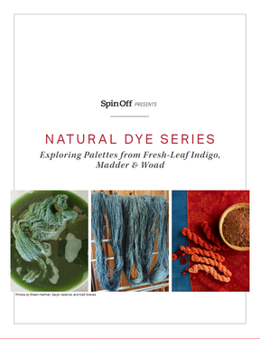 Explore the "Spin Off Presents: Natural Dye Series" flyer, brought to you by Long Thread Media. This printed eBook copy unveils the exquisite beauty of Japanese Indigo and Madder Dyes through stunning imagery. Delve into diverse palettes featuring three captivating images: yarn soaked in a green indigo dye bath, blue yarn elegantly drying, and vibrant orange yarn paired with madder root. Discover a spectrum of hues from Fresh-Leaf Indigo, Madder, and Woad.