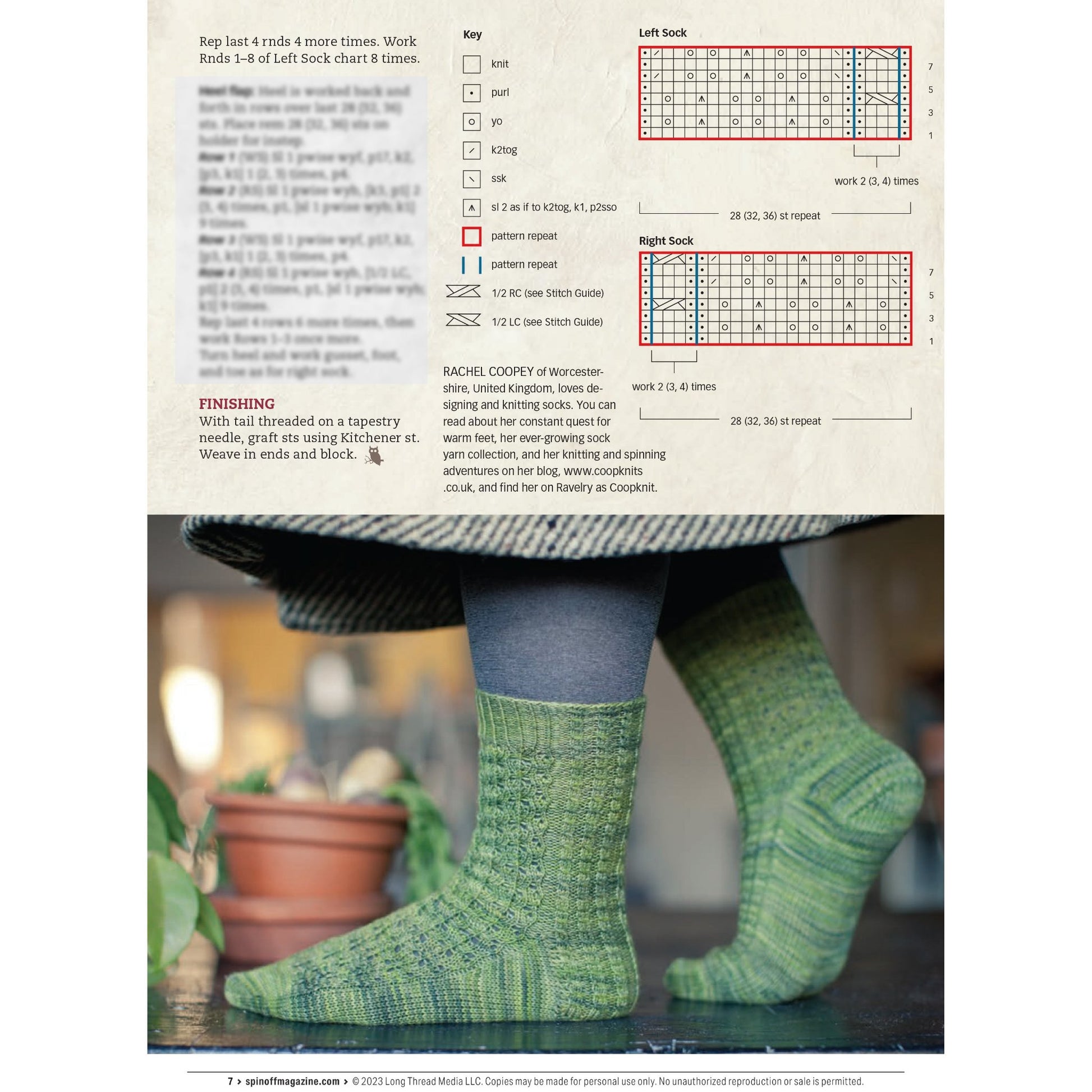 A person standing on a wooden floor wearing green knitted socks with a textured pattern. Behind them is a blurred view of a room with furniture and plants. Above the person is "Spin Off Presents; Spin Your Socks 3: 5 More Favorite Sock Patterns - Spin Off eBook Printed Copy" by Long Thread Media, featuring detailed knitting guides, including charts and instructions for creating the socks.