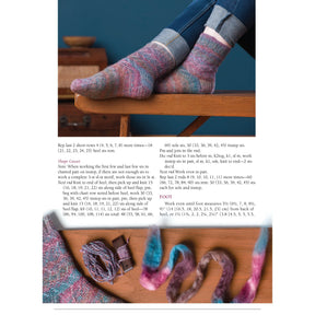 A person wearing colorful knitted socks with a speckled pattern sits on a wooden bench, their legs crossed at the ankles. Below the image of the socks, there are knitting supplies including yarn, a knitting tool, and loose strands of multicolored fibers. Text instructions for knitting from Long Thread Media's "Spin Off Presents; Spin Your Socks 3: 5 More Favorite Sock Patterns - Spin Off eBook Printed Copy" are visible.