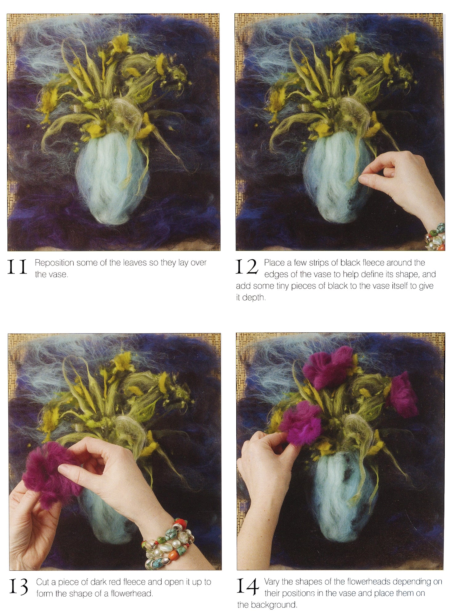 Step-by-step instructions for crafting a felted floral design are provided in "Art in Felt & Stitch" by Ingram Content. The image series depicts hands positioning and arranging felt pieces to form a flower arrangement. Each step shows different colored felts being added to create depth and variety in the design, reminiscent of intricate felt paintings.